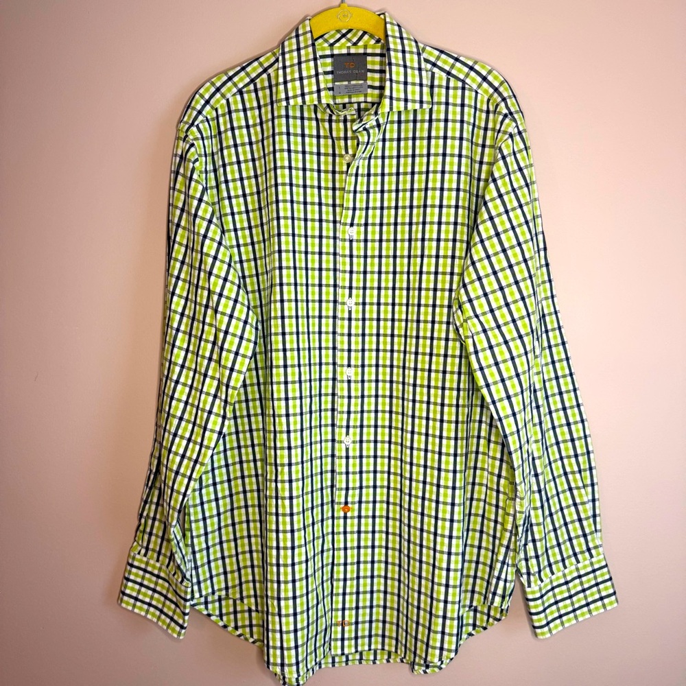 Thomas Dean Shirt Mens Button Up Long Sleeve Green Plaid SZ/LG